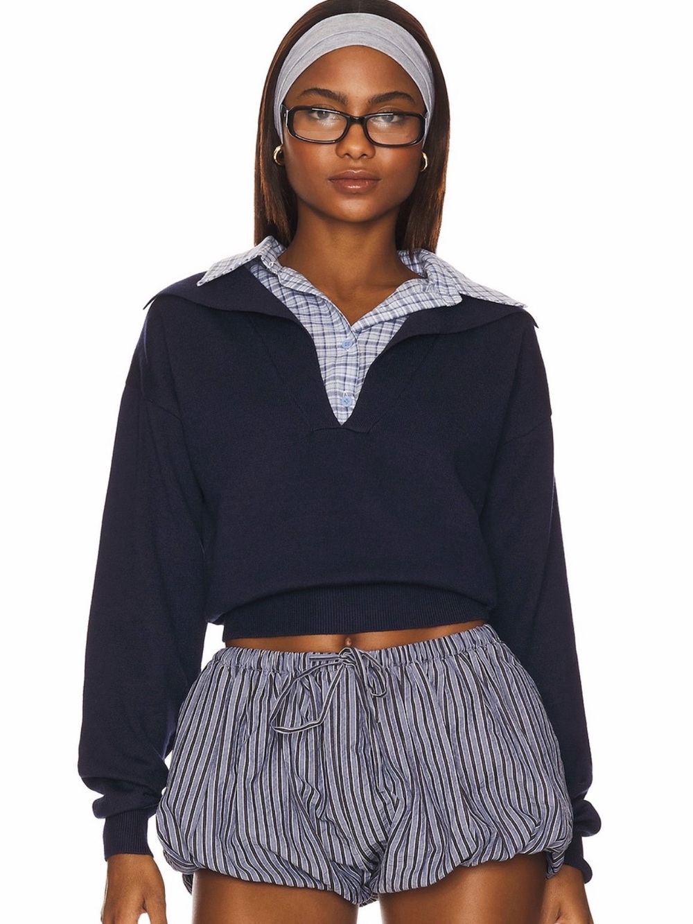 Lioness Racquet Club Knit Polo in Navy with Gingham Collar Detail - Picture 5 of 7